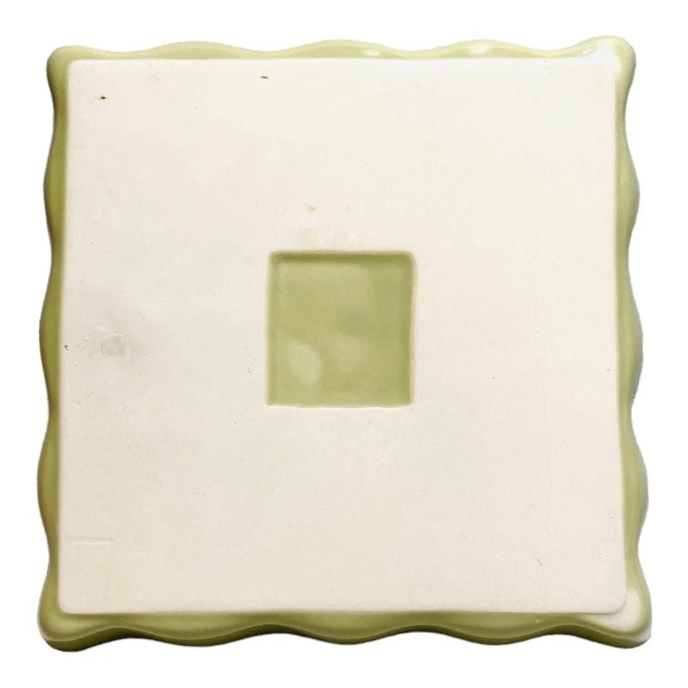 Vintage Square Scalloped Ceramic Baking Dish 7.5 Green Beige Stoneware Casserole